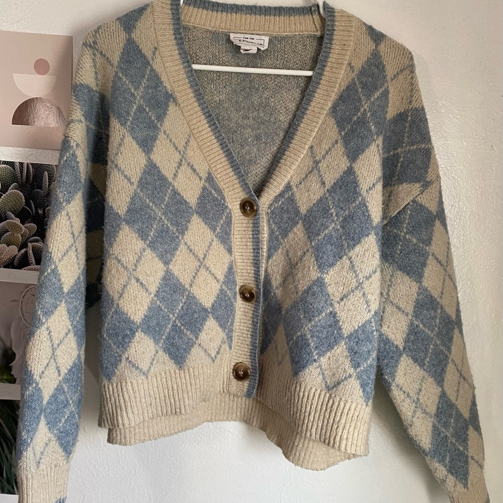 For The Republic Blue and Cream Argyle Cardigan